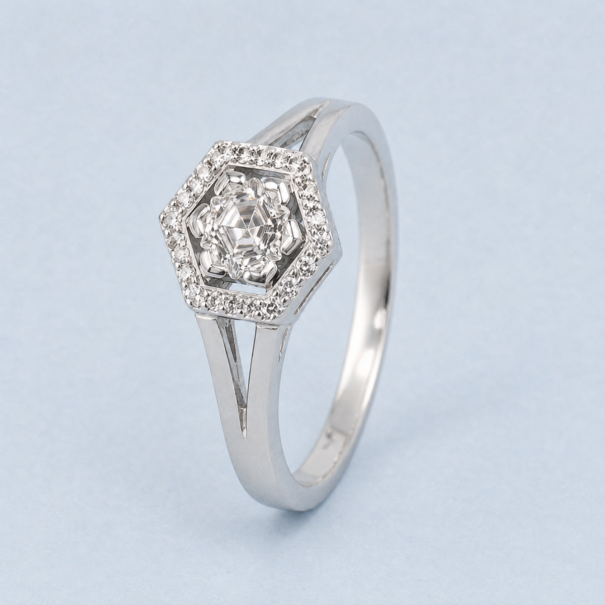 Hexagon Halo Split Band Ring in 925 sterling silver, angled view