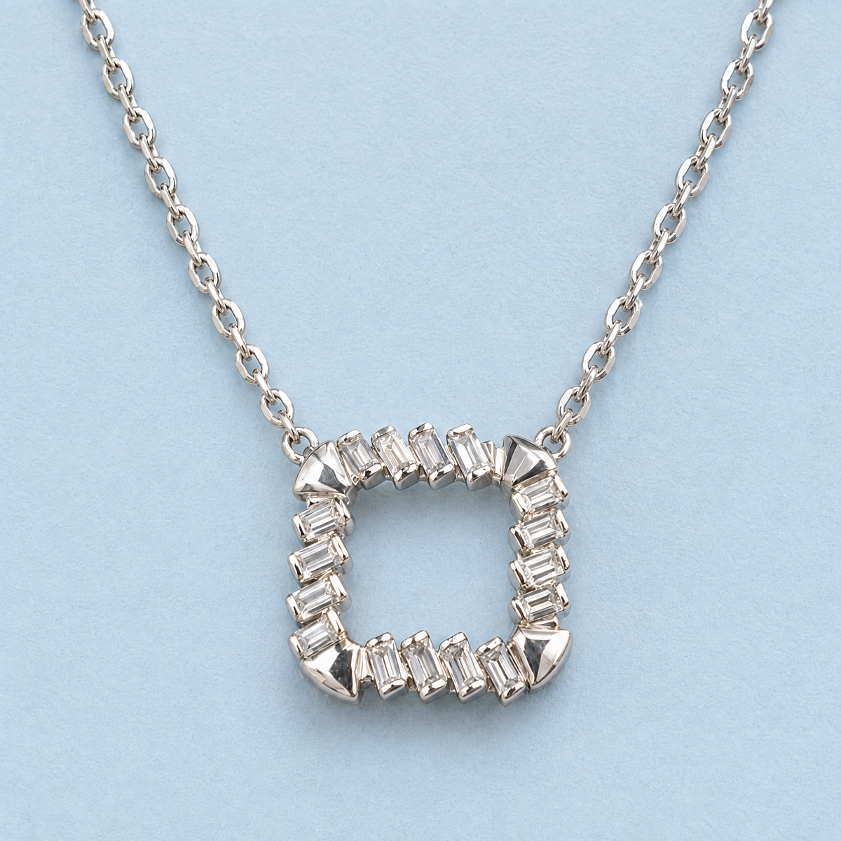 Baguette Square Frame Necklace in 925 sterling silver, front view