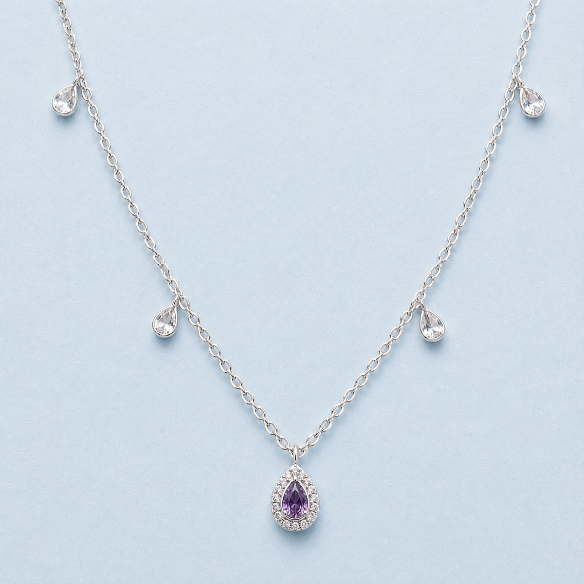 Purple Pear Halo Station Necklace in 925 sterling silver, front view