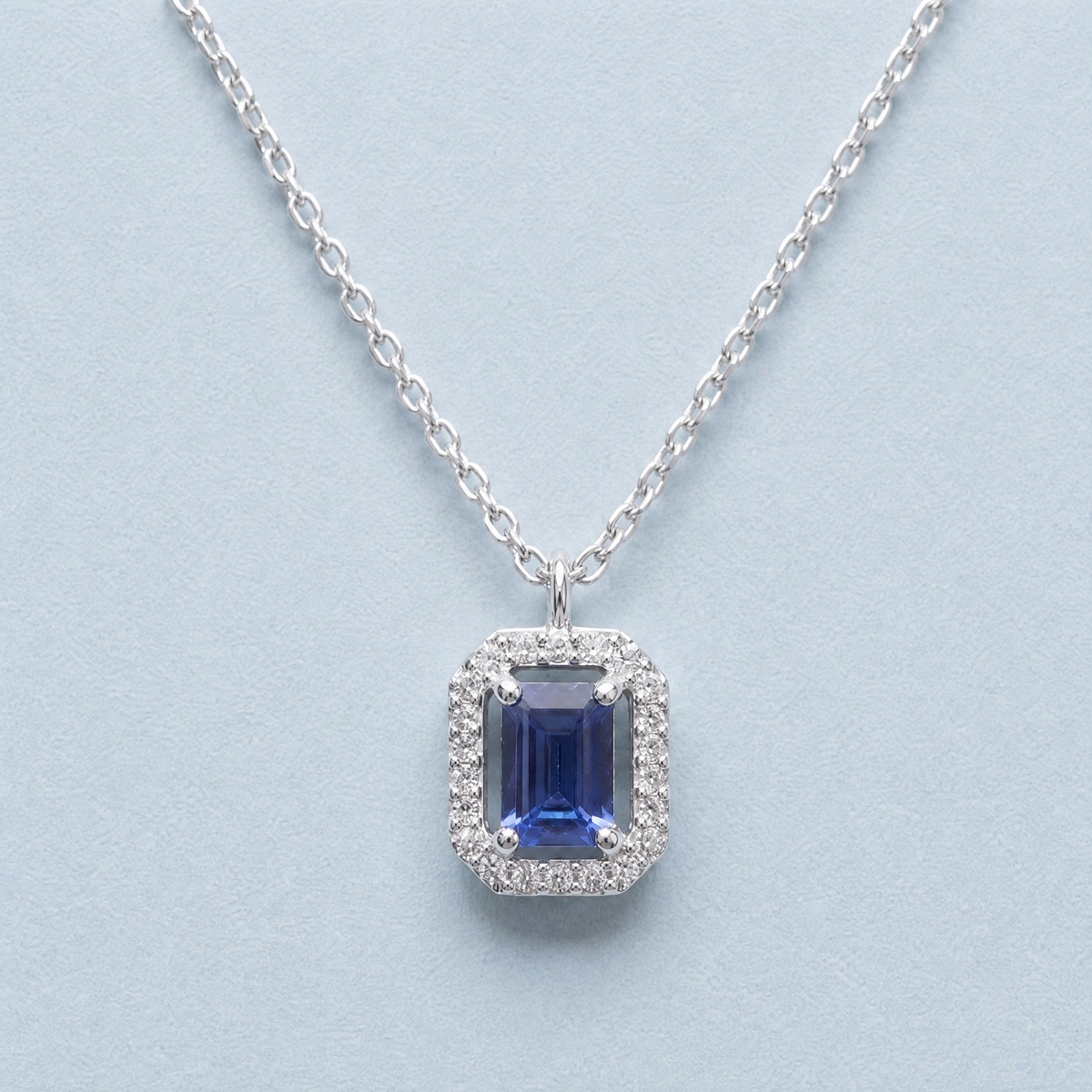 Blue Halo Pendant Necklace in 925 sterling silver, front view
