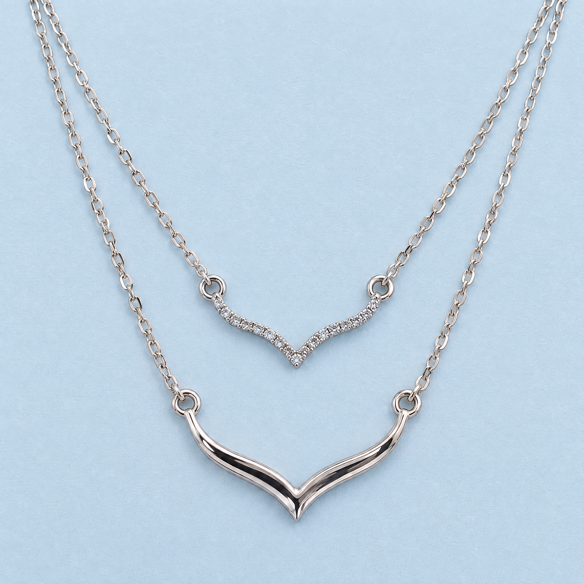 Double V Layered Necklace in 925 sterling silver, front view