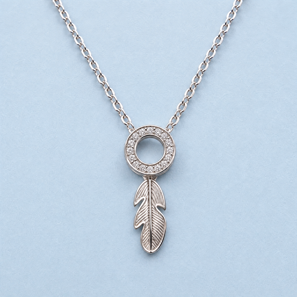 Feather Circle Pendant Necklace in 925 sterling silver, front view
