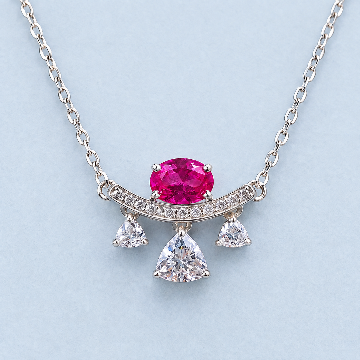 Pink Oval Bar Drop Necklace in 925 sterling silver, front view