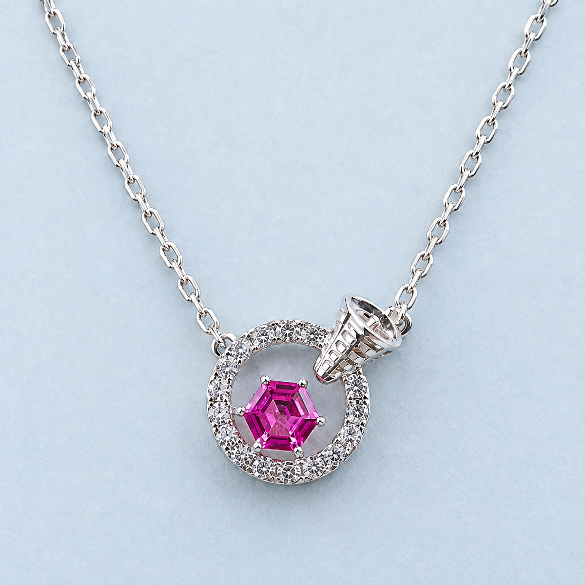 Pink Hexagon Circle Necklace in 925 sterling silver, front view