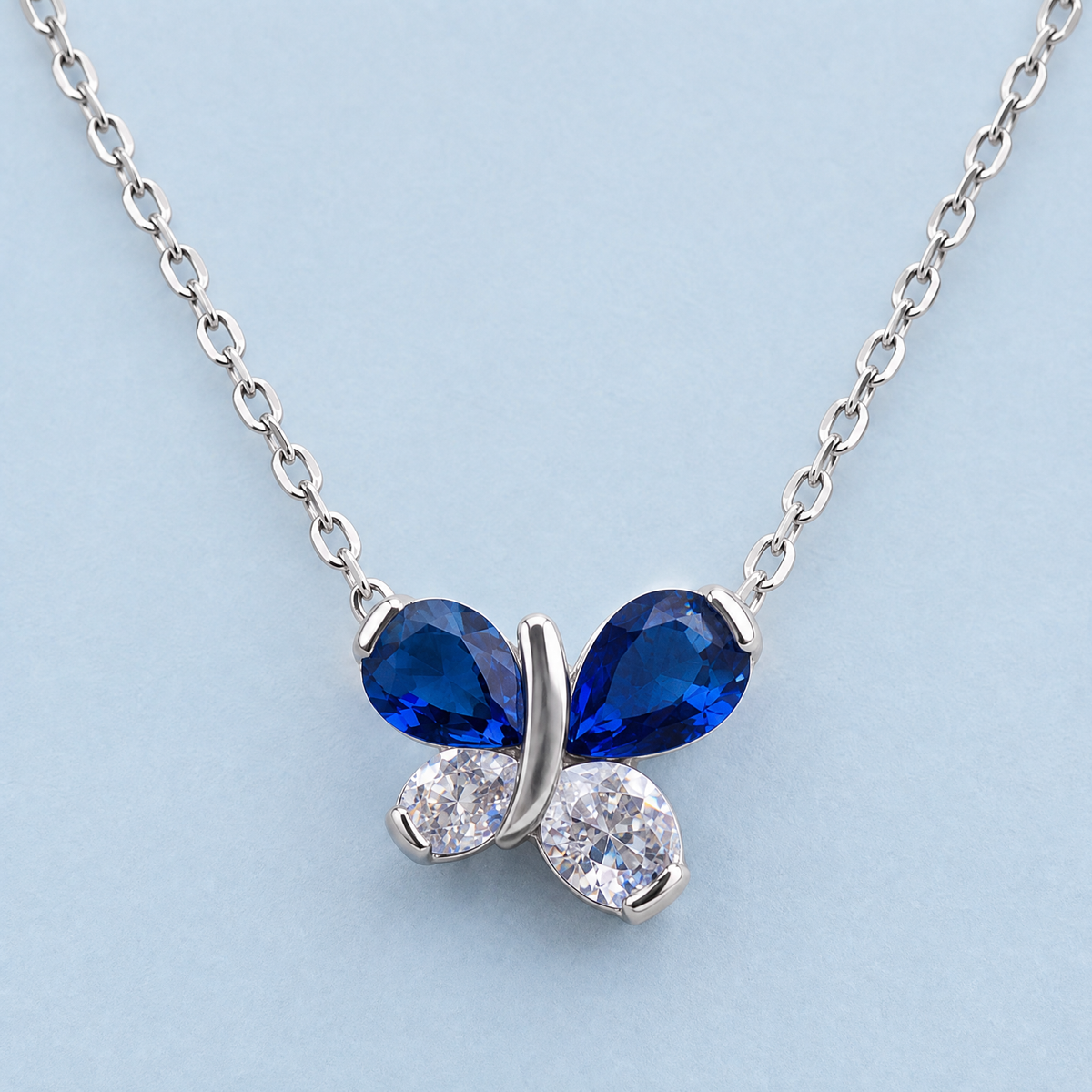 Blue Wing Butterfly Necklace in 925 sterling silver, front view