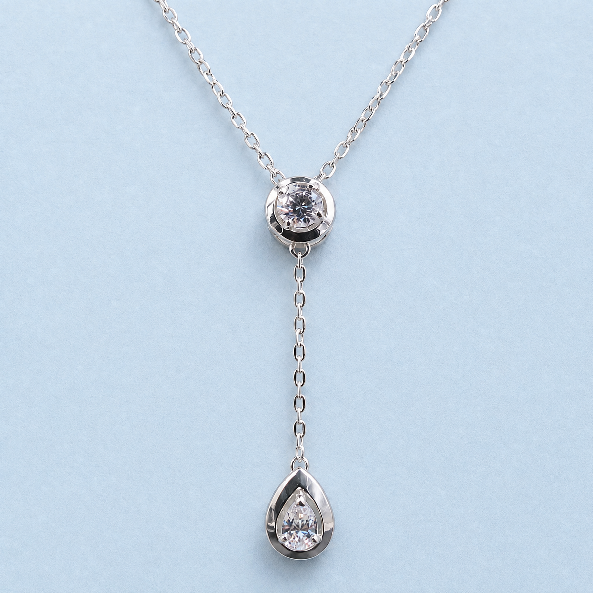Clear Drop Y Necklace in 925 sterling silver, front view