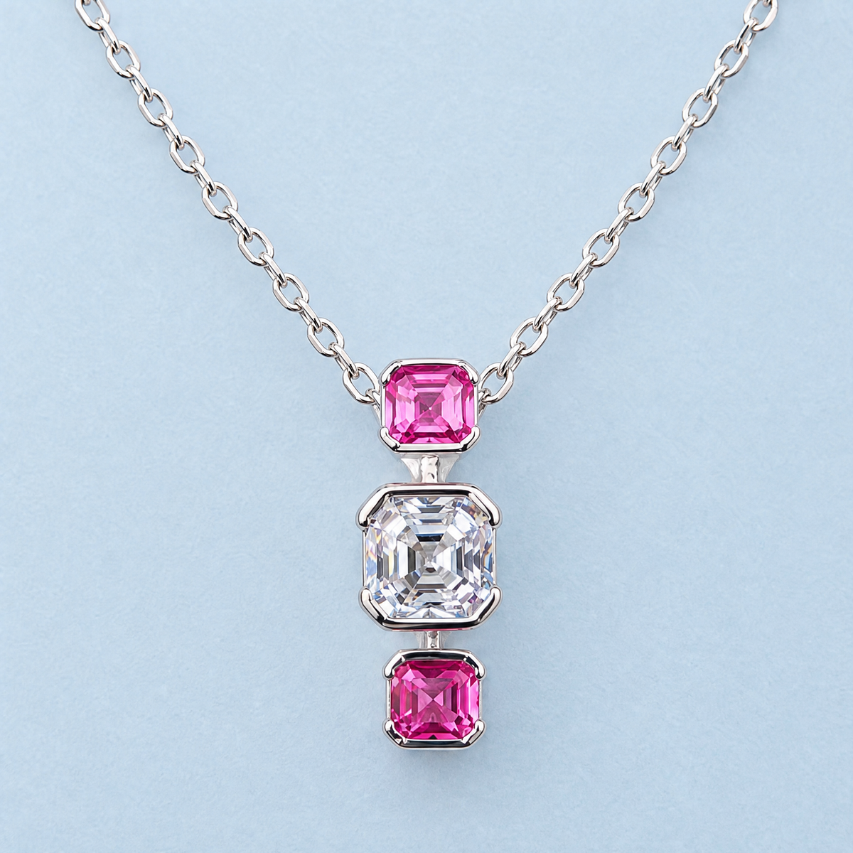 Pink and Clear Trio Necklace in 925 sterling silver, front view