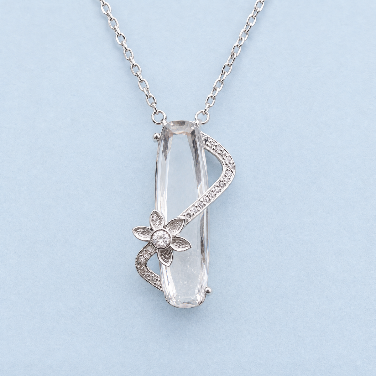 Flower Wrap Clear Stone Necklace in 925 sterling silver, front view