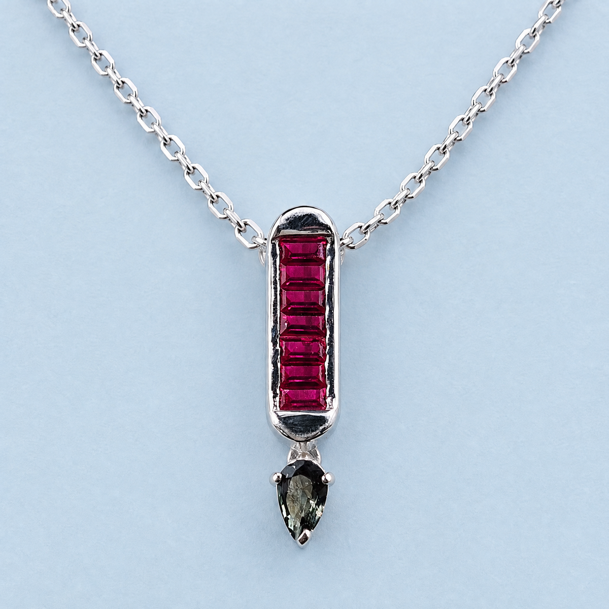Red Baguette Bar Drop Necklace in 925 sterling silver, front view