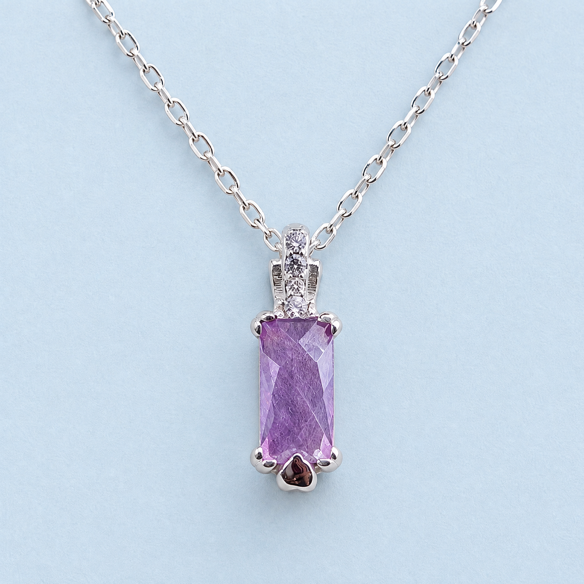 Lavender Rectangle Pendant Necklace in 925 sterling silver, front view