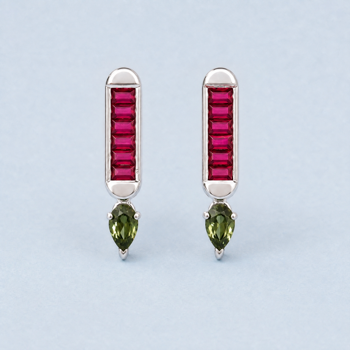 Red Baguette Bar Drop Earrings in 925 sterling silver, front view