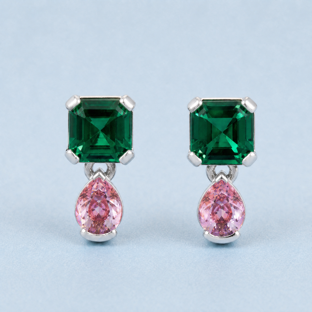 Green and Pink Drop Earrings in 925 sterling silver, front view