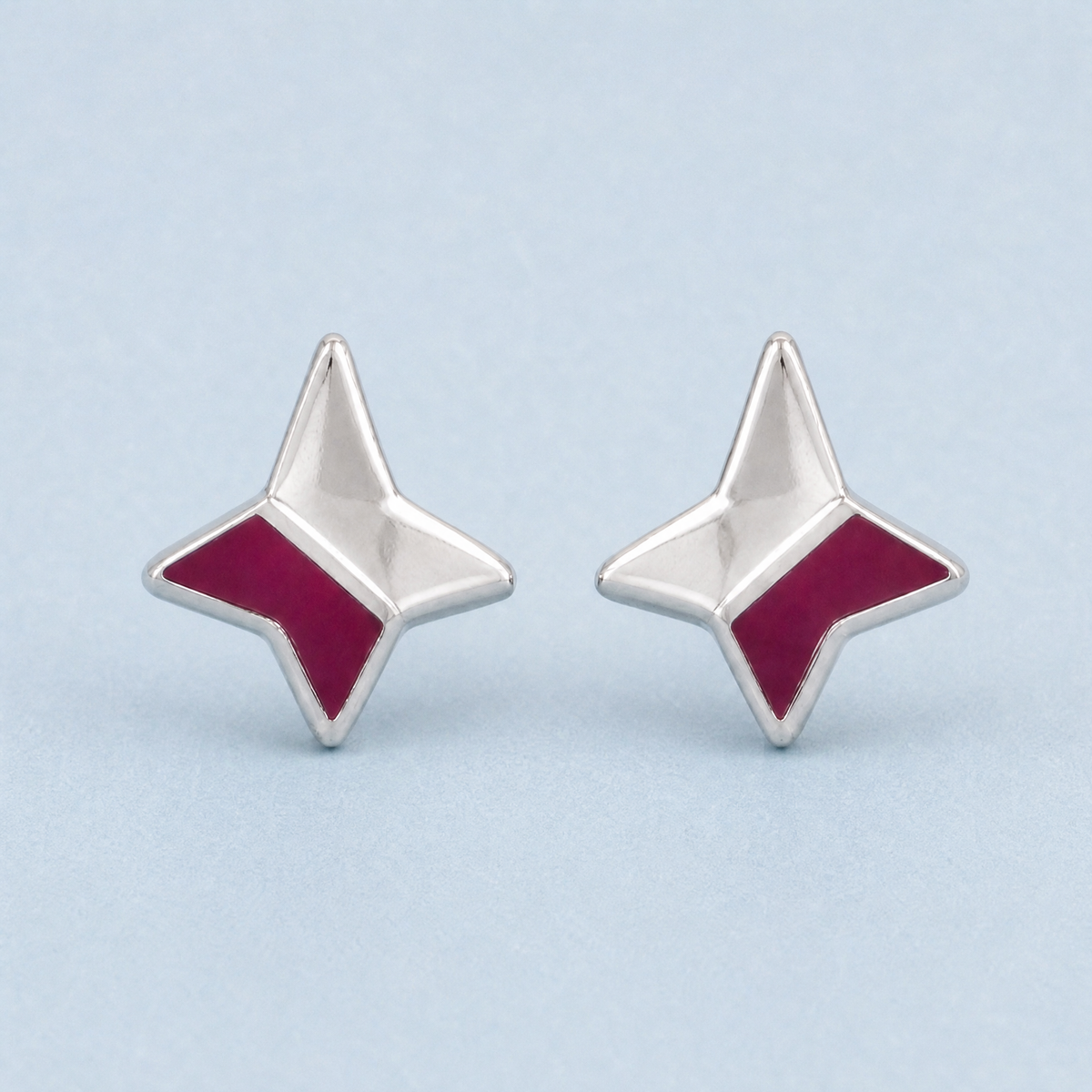Four Point Star Enamel Stud Earrings in 925 sterling silver, front view