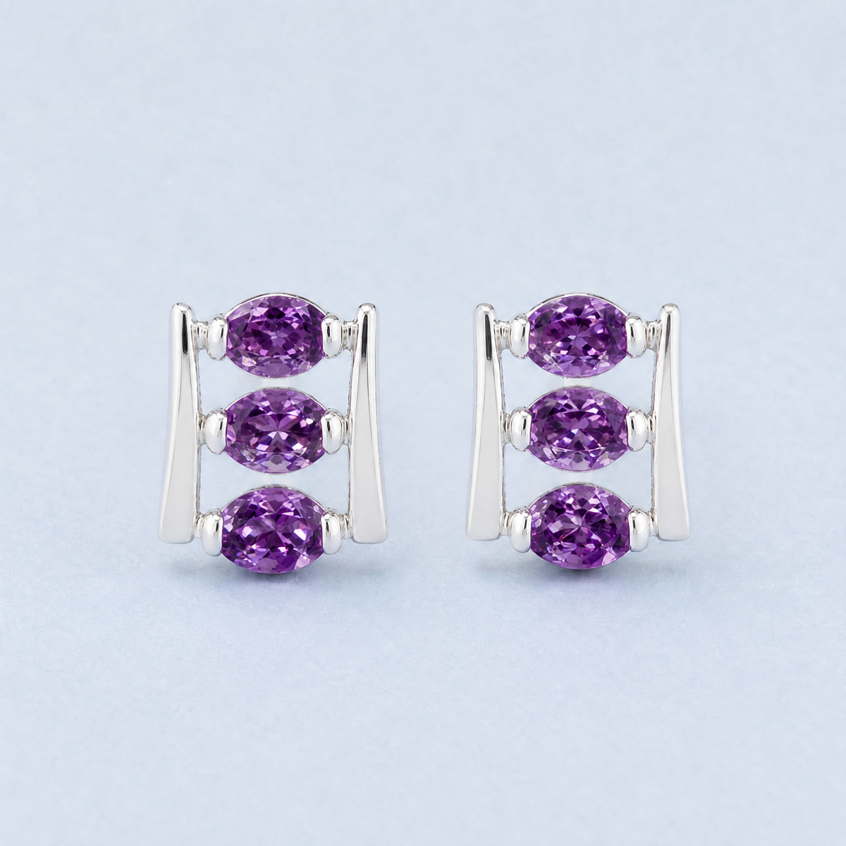 Purple Trio Ladder Stud Earrings in 925 sterling silver, front view
