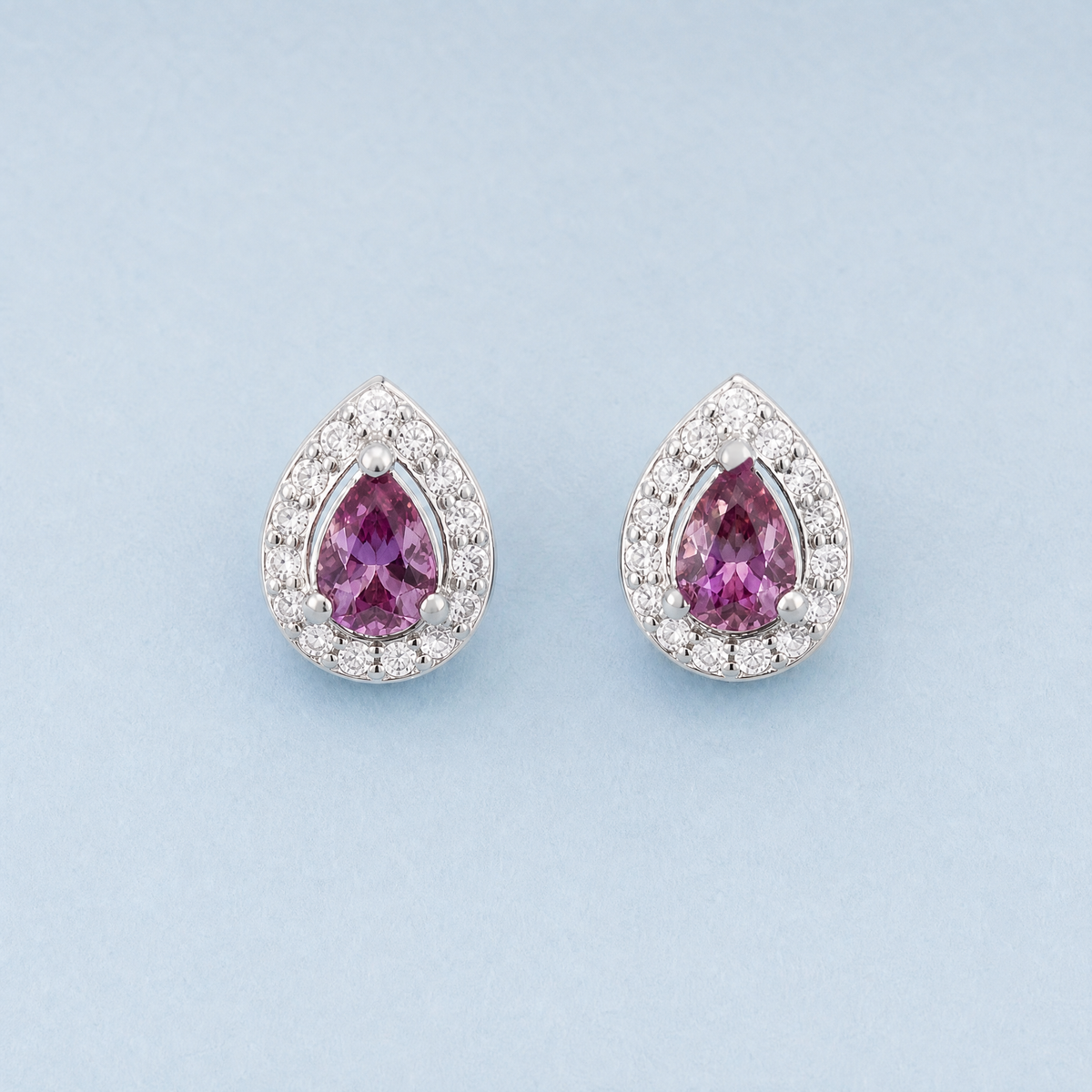 Purple Pear Halo Stud Earrings in 925 sterling silver, front view