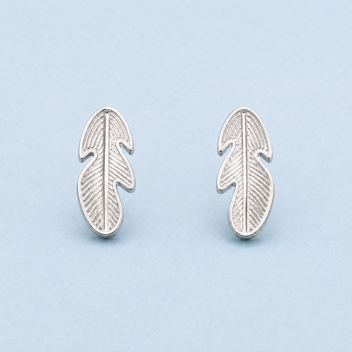Engraved Feather Stud Earrings in 925 sterling silver, front view