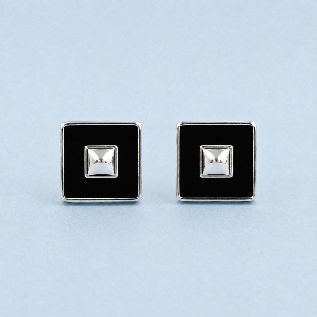 Art Deco Black Square Stud Earrings in 925 sterling silver, front view