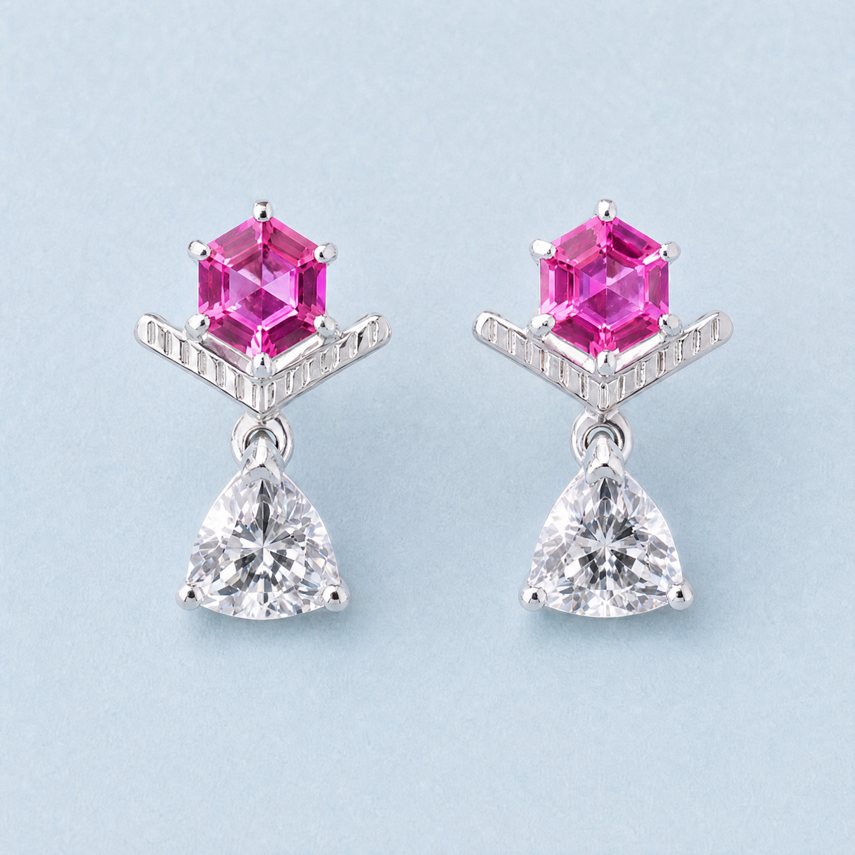 Pink Hexagon Chevron Drop Earrings in 925 sterling silver, front view