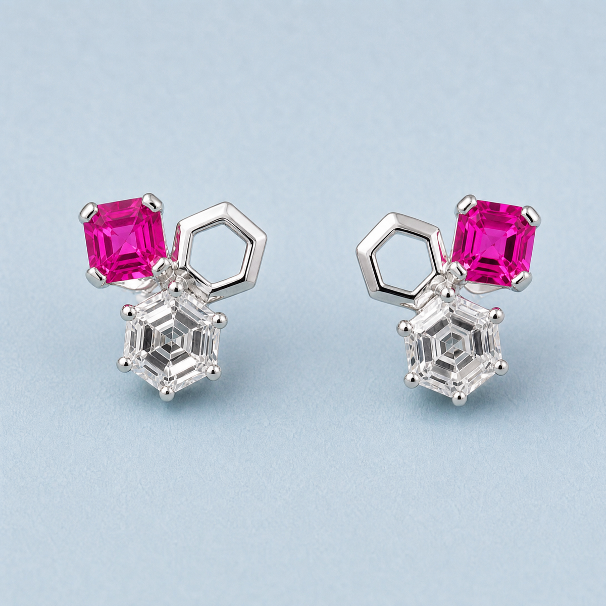 Hexagon Trio Cluster Stud Earrings in 925 sterling silver, front view