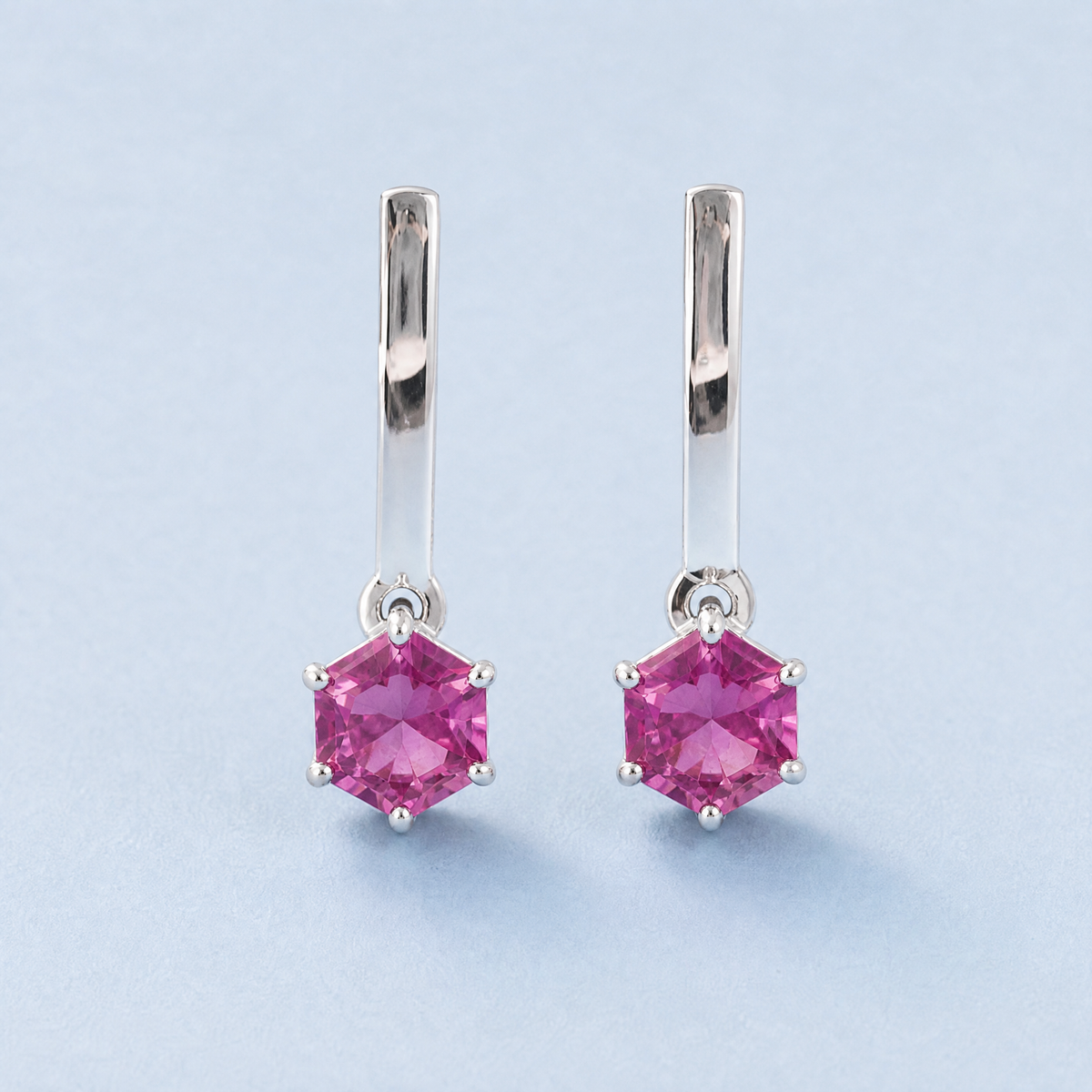 Pink Hexagon Bar Drop Earrings in 925 sterling silver, front view
