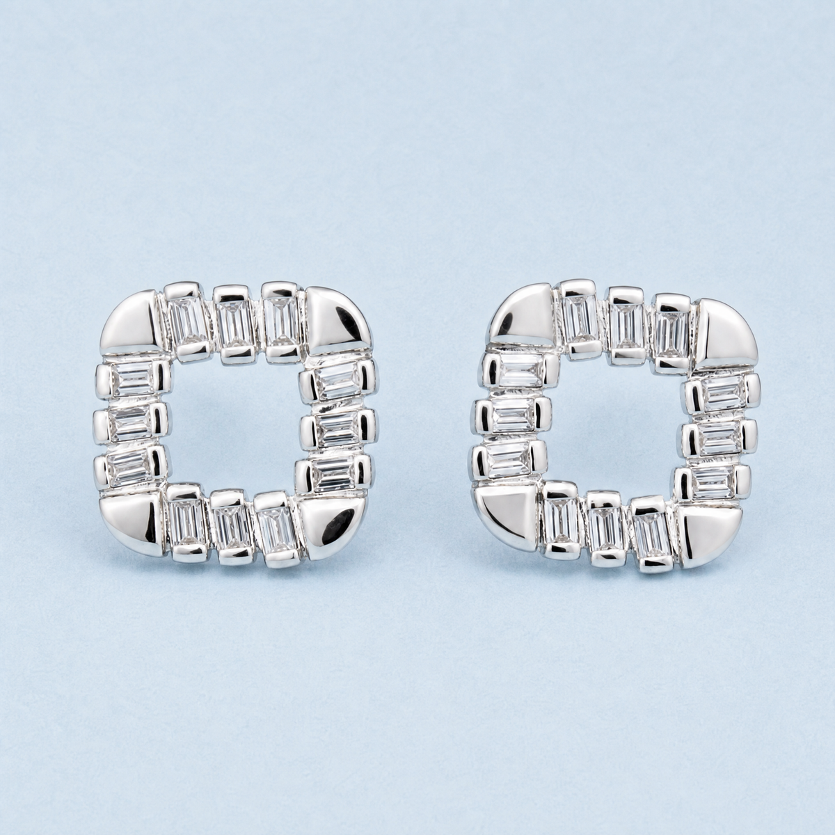 Baguette Square Frame Stud Earrings in 925 sterling silver, front view