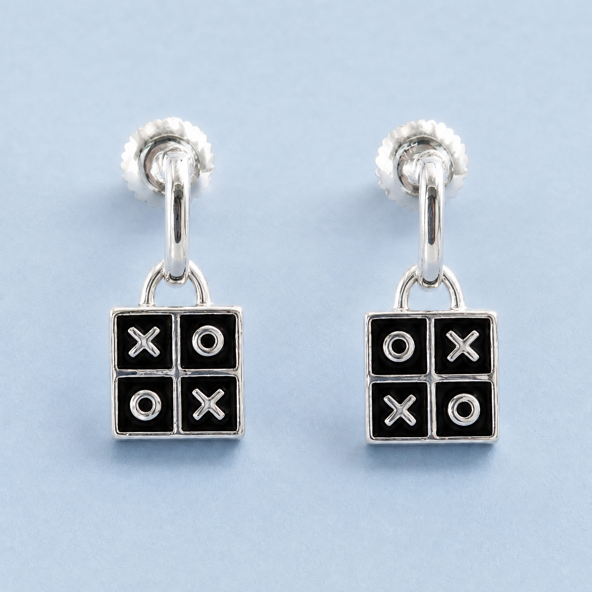 Tic Tac Toe Enamel Drop Earrings in 925 sterling silver, front view