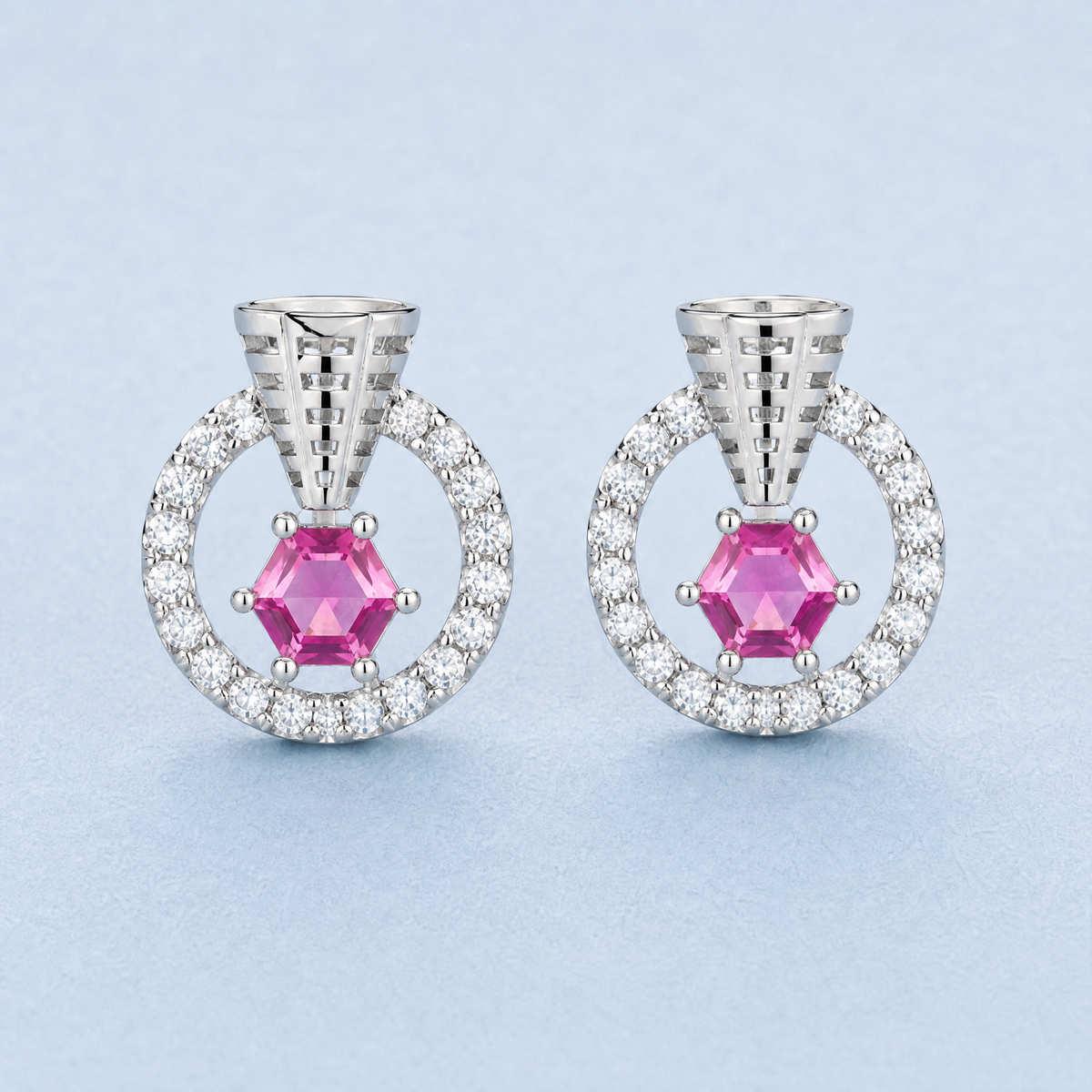 Pink Hexagon Circle Stud Earrings in 925 sterling silver, front view