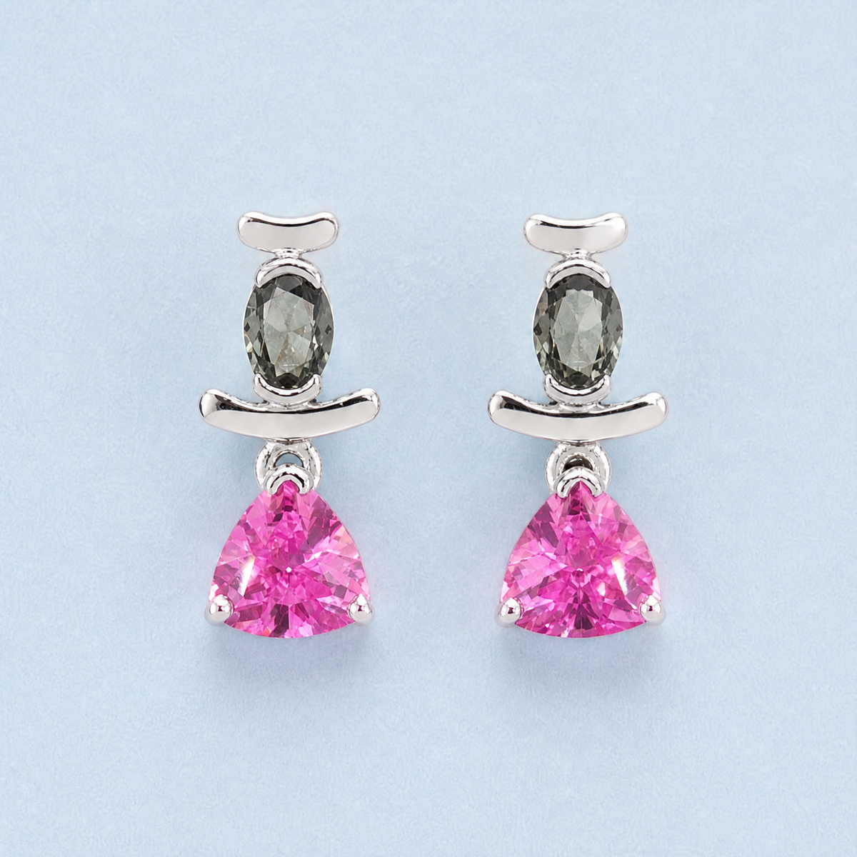 Grey and Pink Triangle Drop Earrings in 925 sterling silver, front view