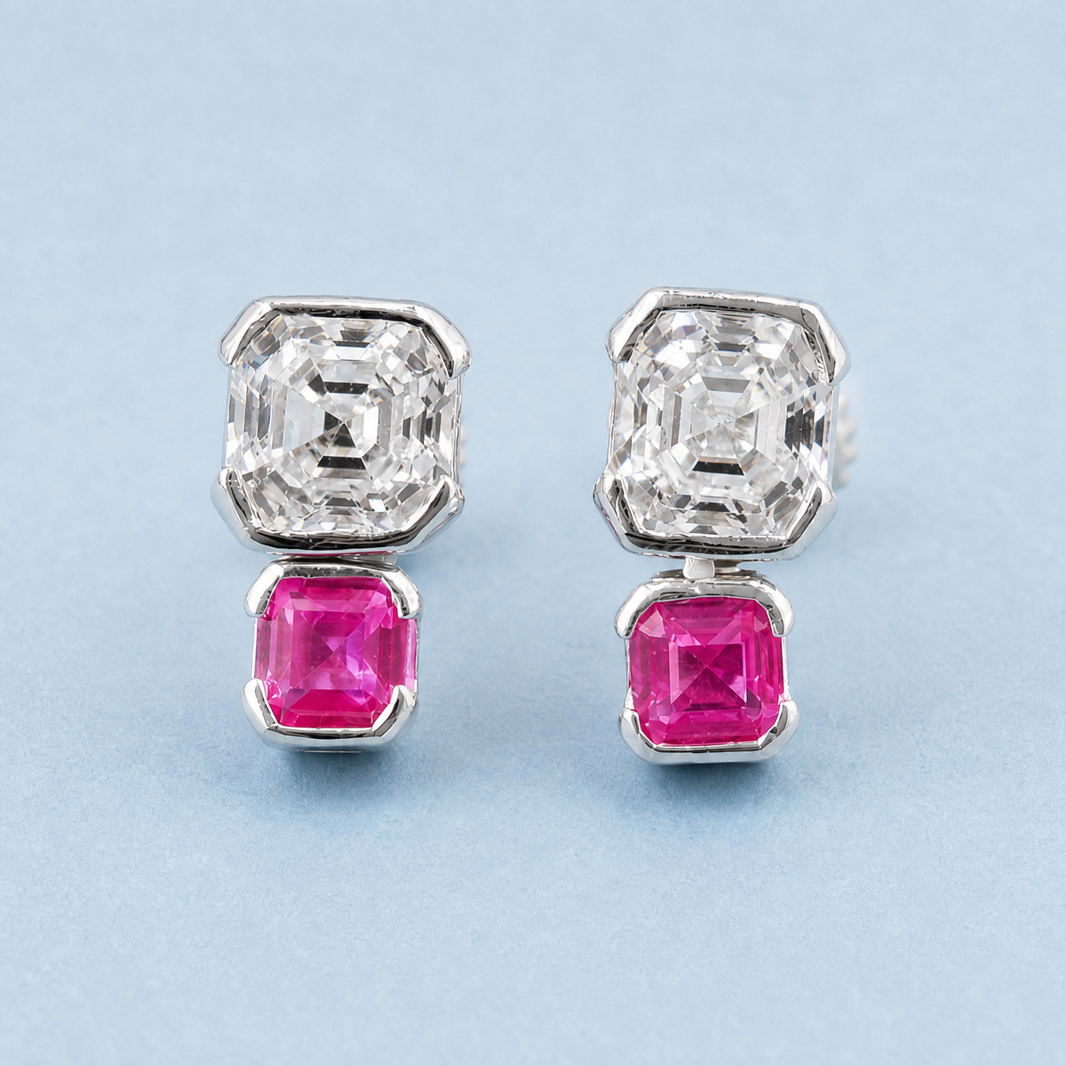Stacked Clear and Pink Stud Earrings in 925 sterling silver, front view