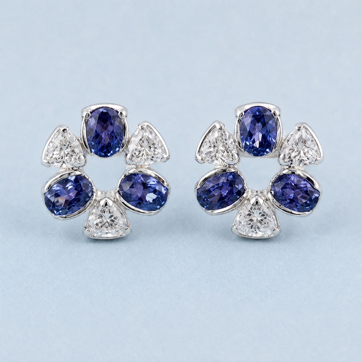 Blue and Clear Flower Stud Earrings in 925 sterling silver, front view