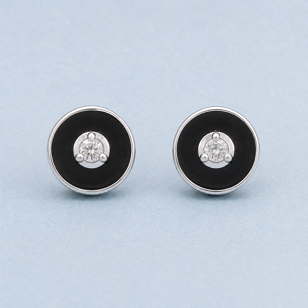 Black Enamel Disc Stud Earrings in 925 sterling silver, front view