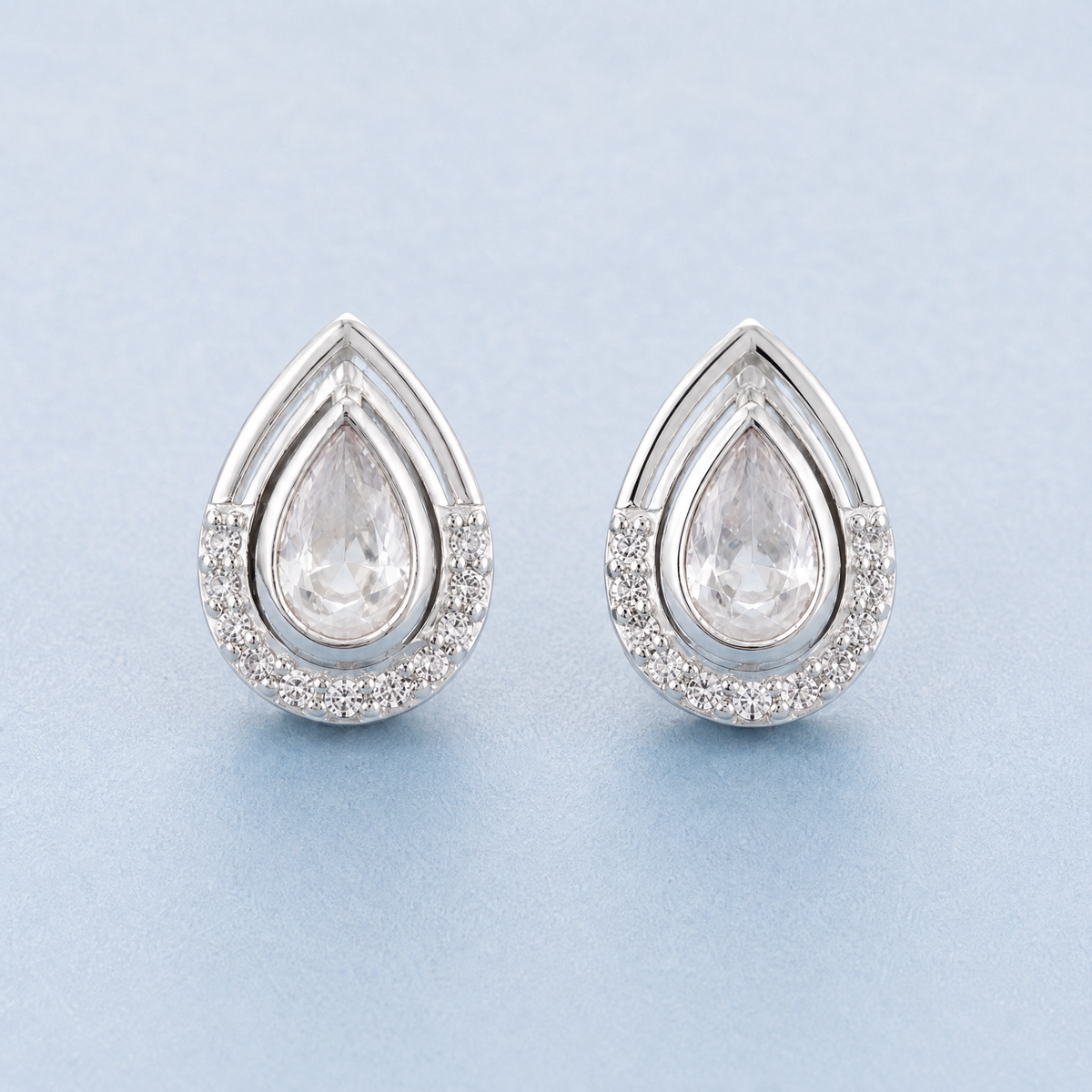 Pear Halo Frame Stud Earrings in 925 sterling silver, front view