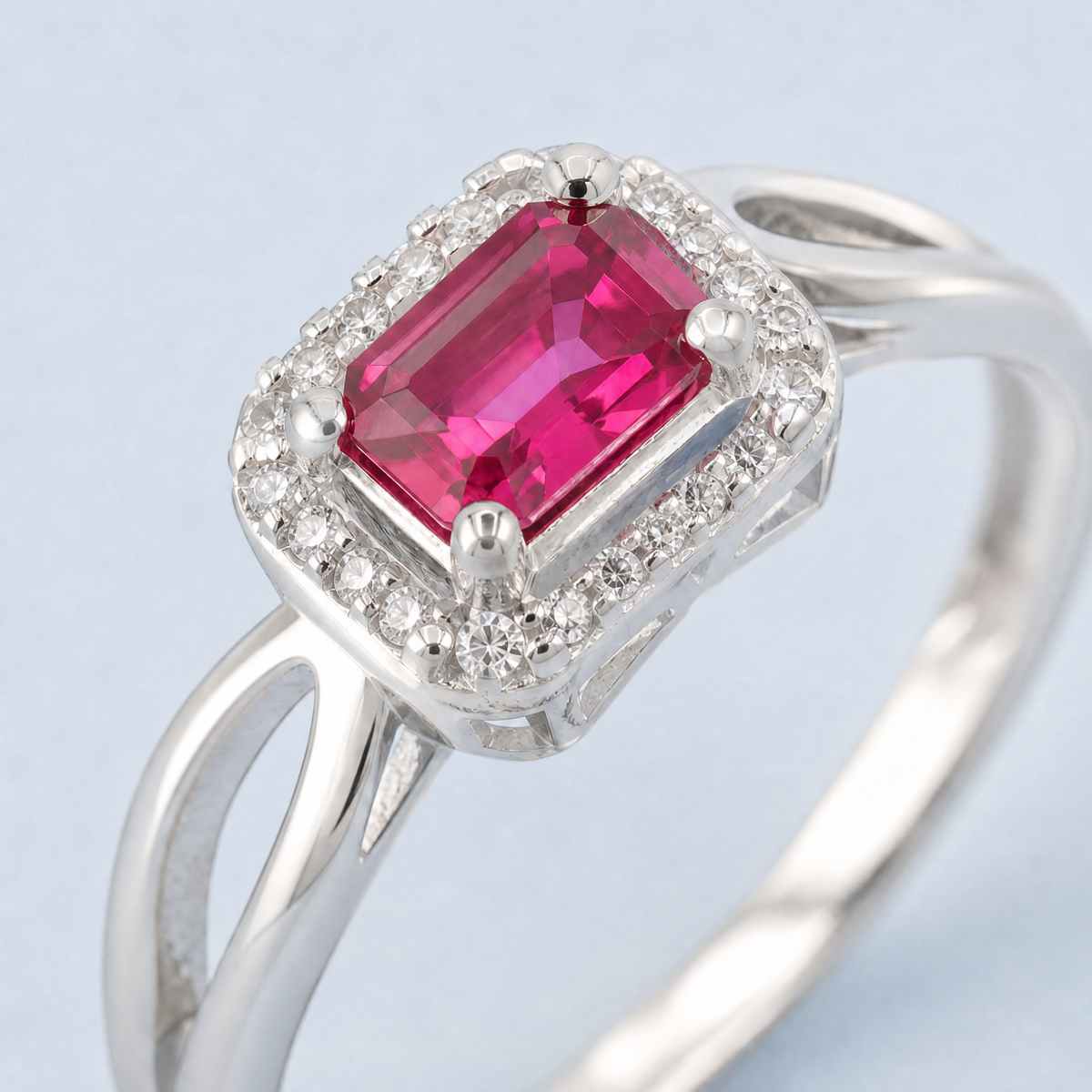 Pink Halo Step Cut Ring in 925 sterling silver, close-up of the stone