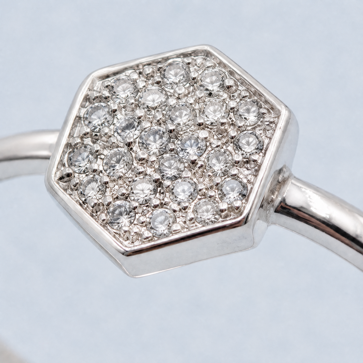 Pavé Hexagon Open Ring in 925 sterling silver, close-up of the hexagon