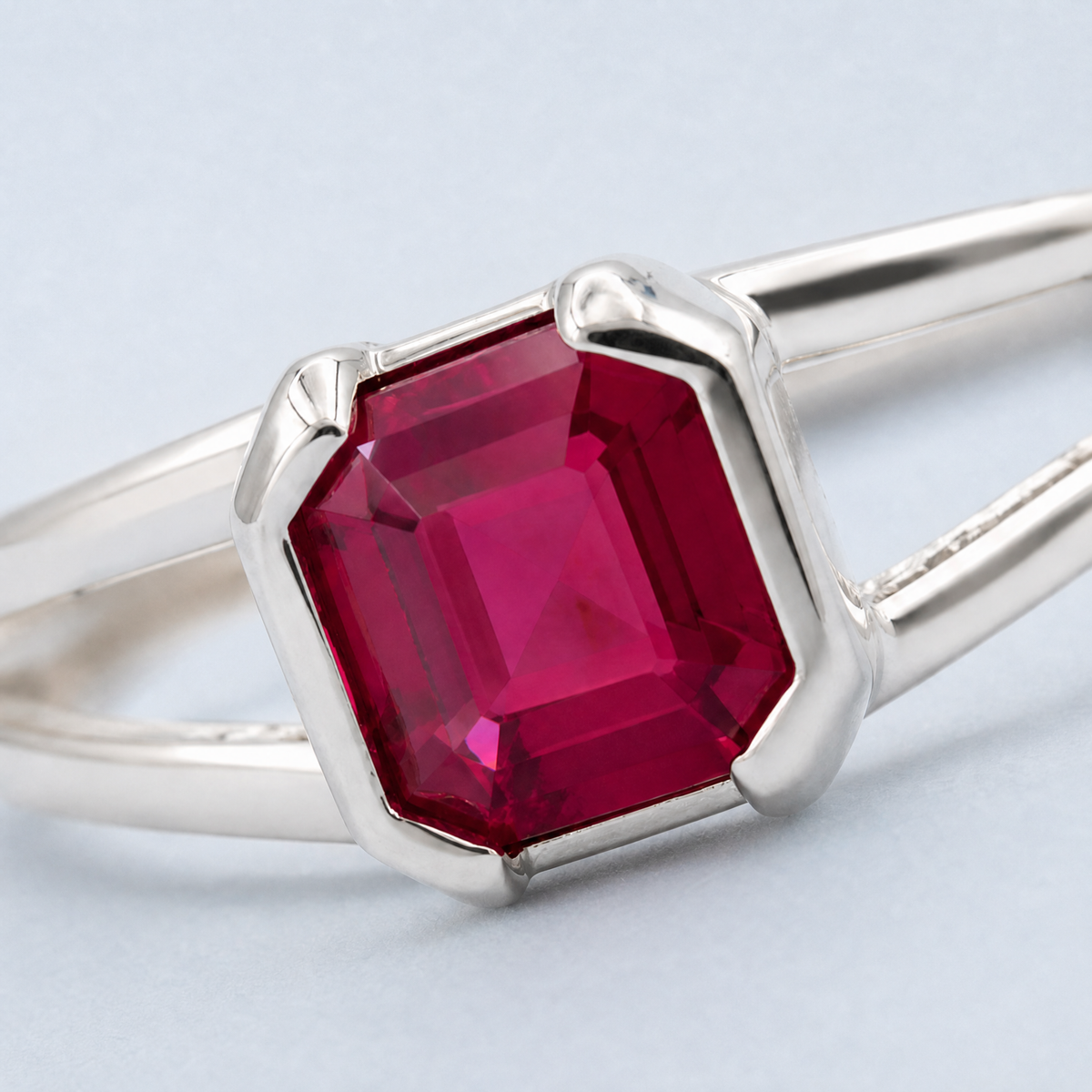 Red Square Split Band Ring in 925 sterling silver, close-up of the stone