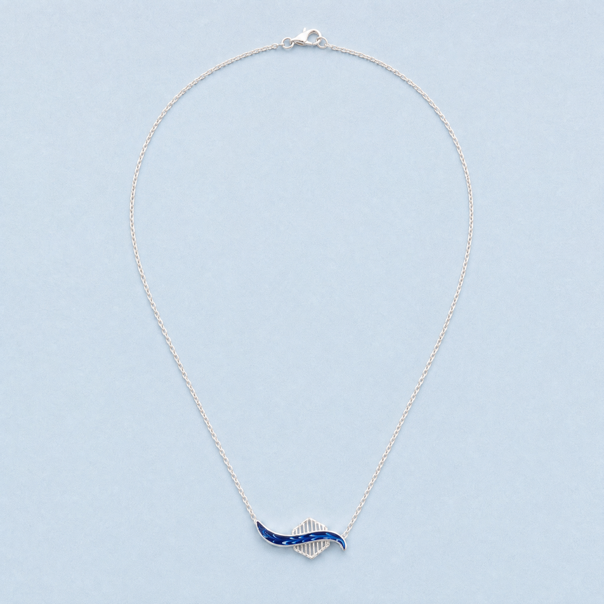 Blue Wave Enamel Necklace in 925 sterling silver, full necklace laid flat
