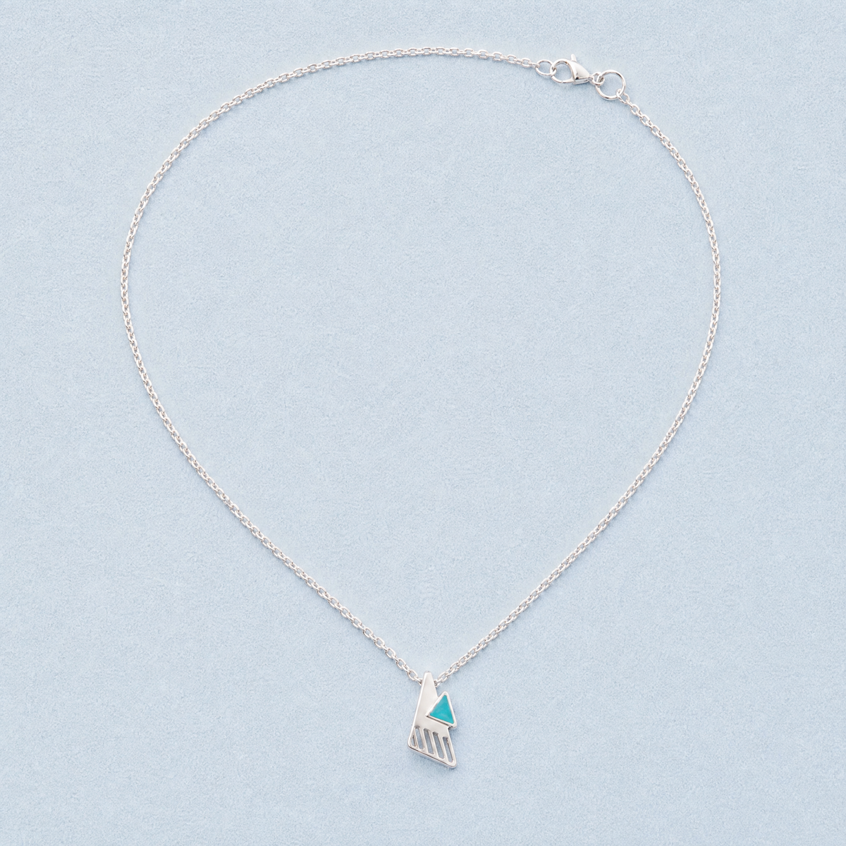 Teal Triangle Enamel Pendant Necklace in 925 sterling silver, full necklace laid flat