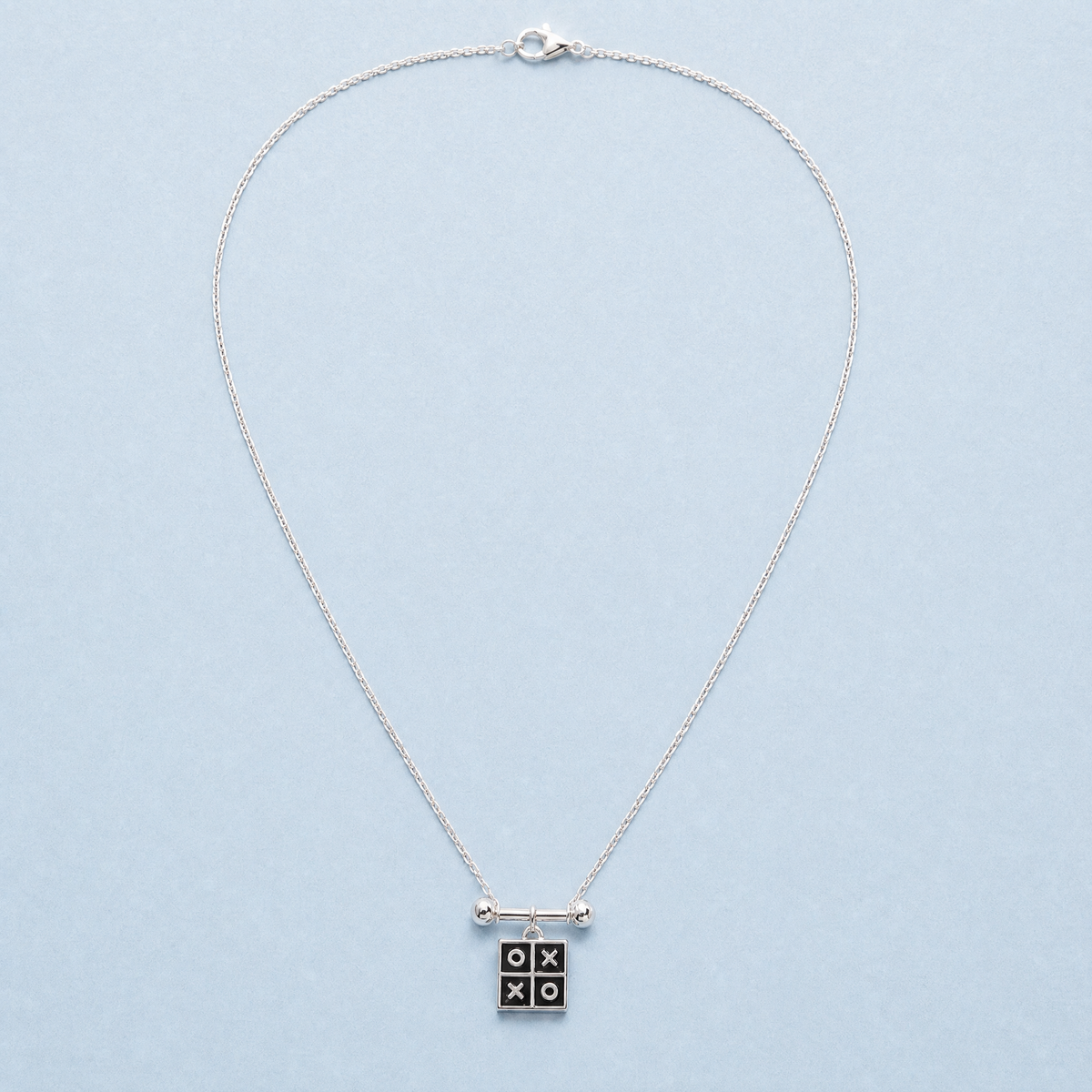 Tic Tac Toe Pendant Necklace in 925 sterling silver, full necklace laid flat
