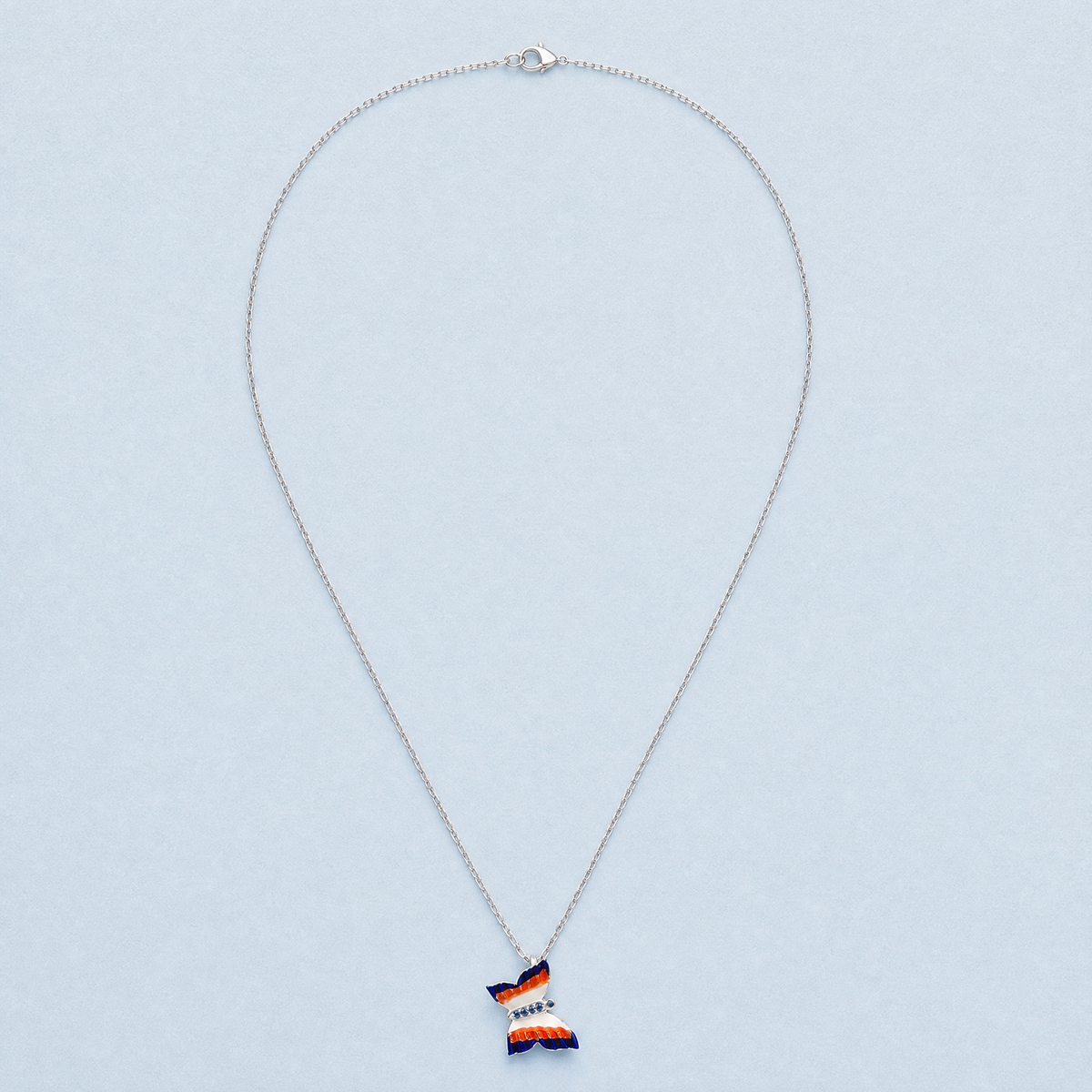Striped Butterfly Enamel Necklace in 925 sterling silver, full necklace laid flat