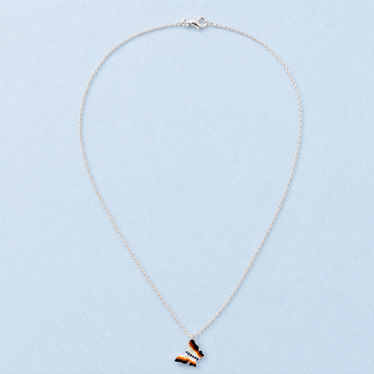Monarch Butterfly Pendant Necklace in 925 sterling silver, full necklace laid flat