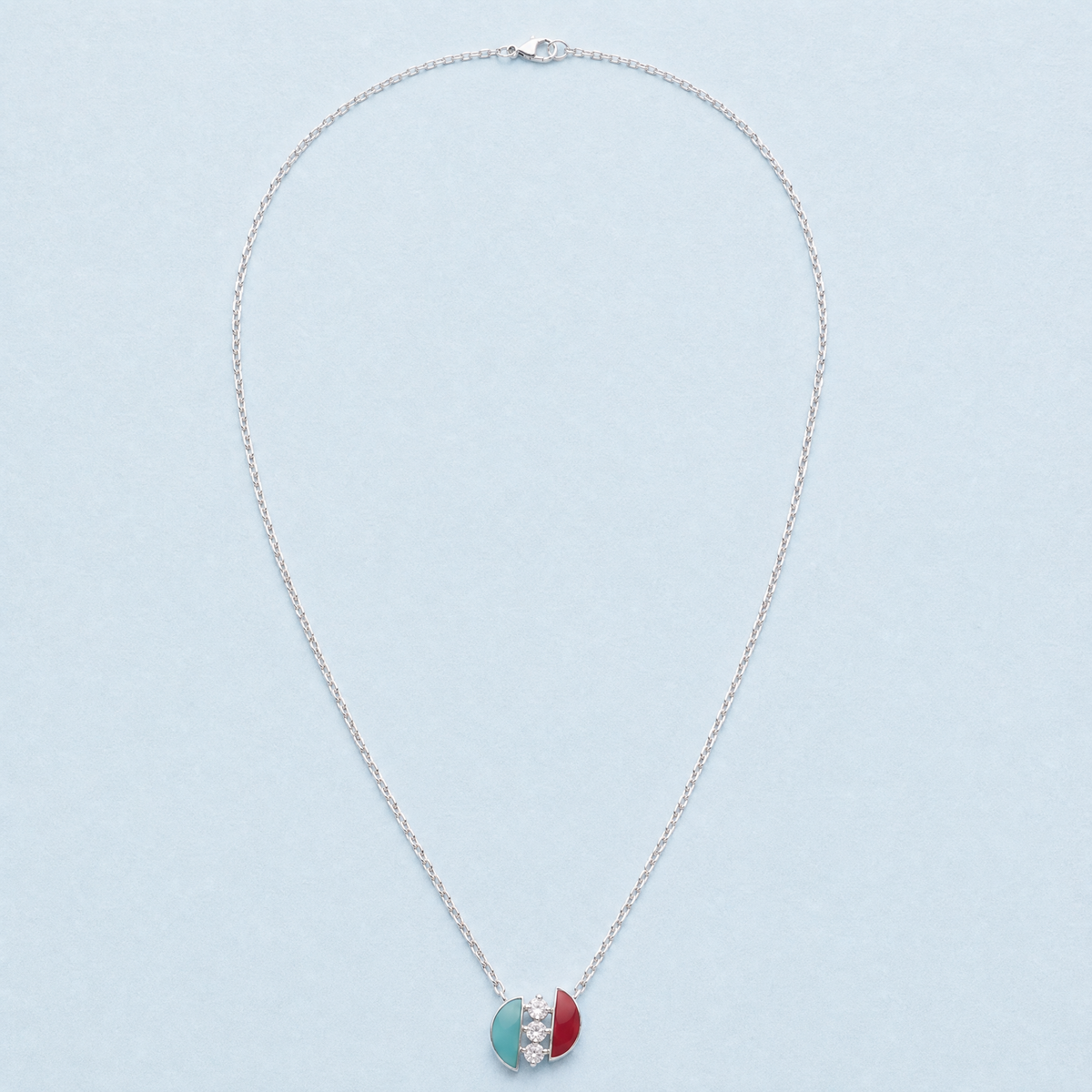 Half Moon Duo Pendant Necklace in 925 sterling silver, full necklace laid flat