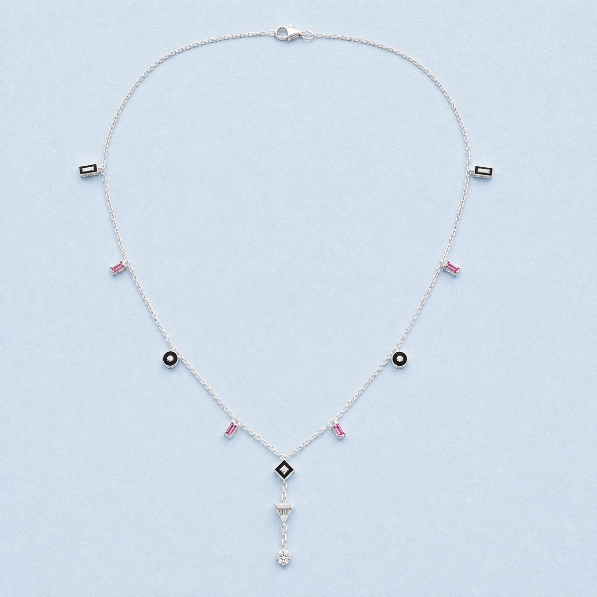 Art Deco Station Y Necklace in 925 sterling silver, full necklace laid flat
