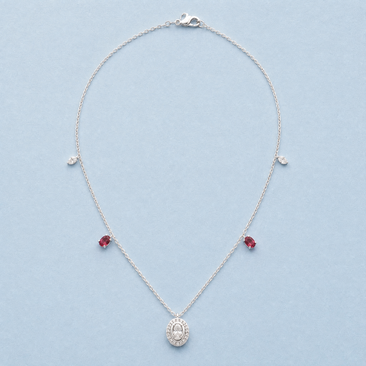 Oval Halo Station Necklace in 925 sterling silver, full necklace laid flat