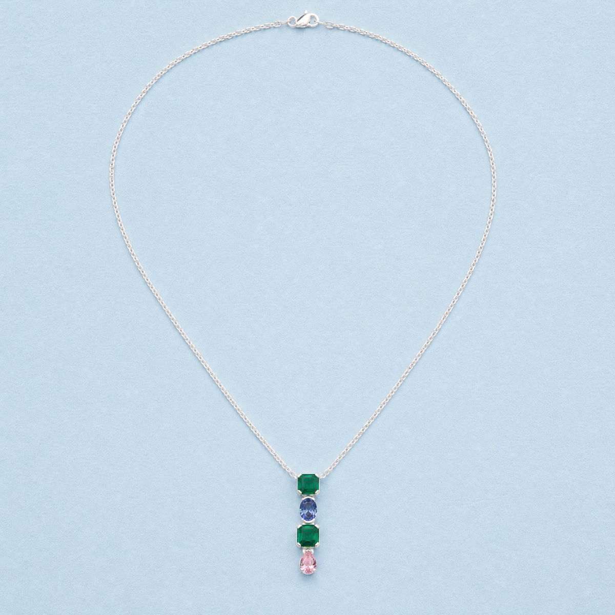 Four Stone Colour Drop Necklace in 925 sterling silver, full necklace laid flat