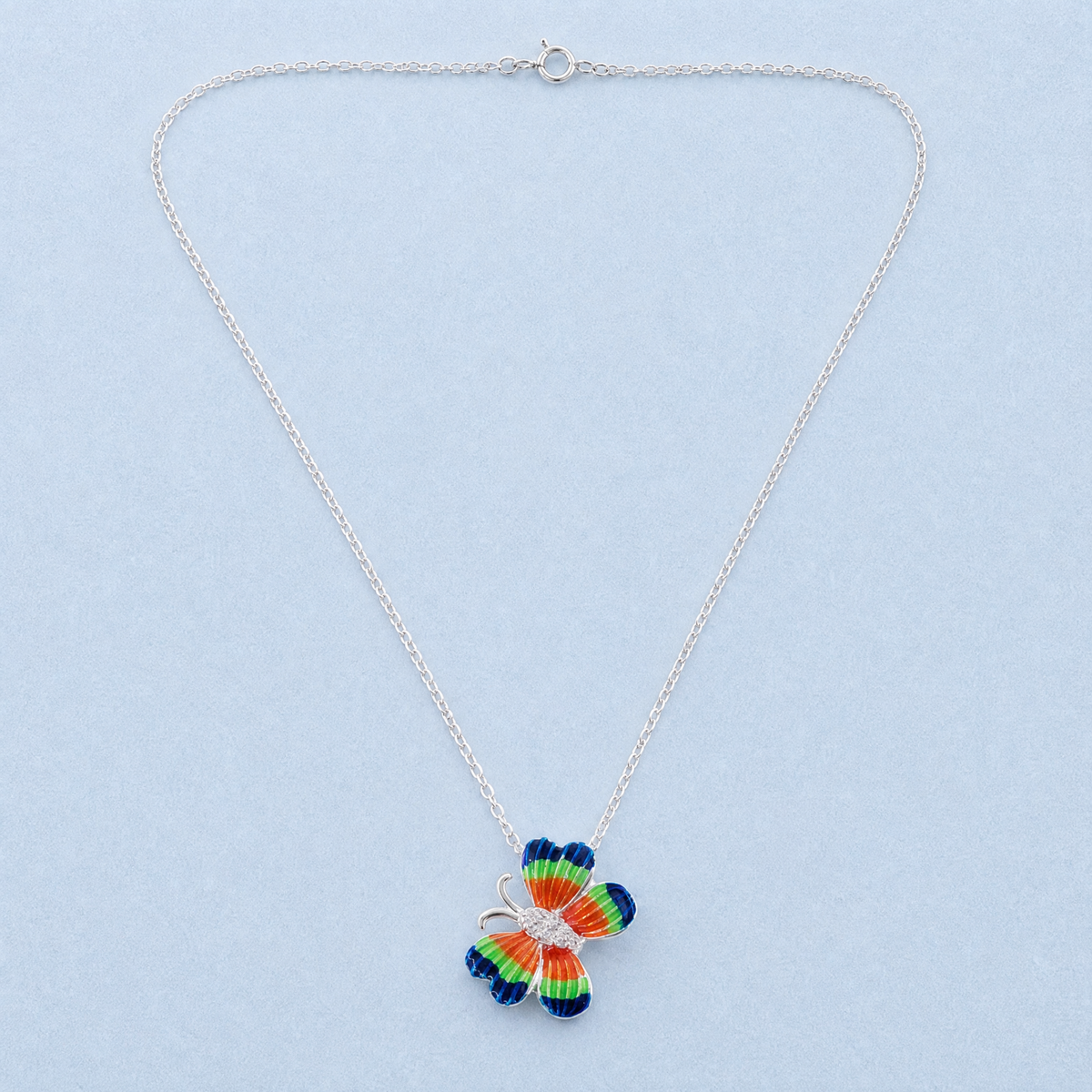 Rainbow Wing Butterfly Necklace in 925 sterling silver, full necklace laid flat