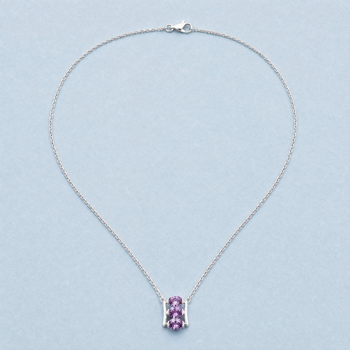 Purple Trio Ladder Necklace in 925 sterling silver, full necklace laid flat
