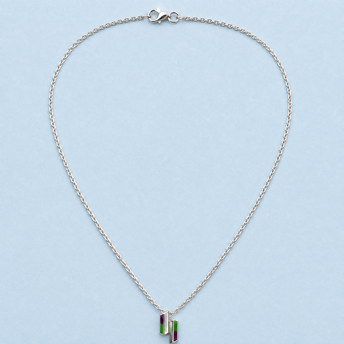 Twin Bar Enamel Pendant Necklace in 925 sterling silver, full necklace laid flat