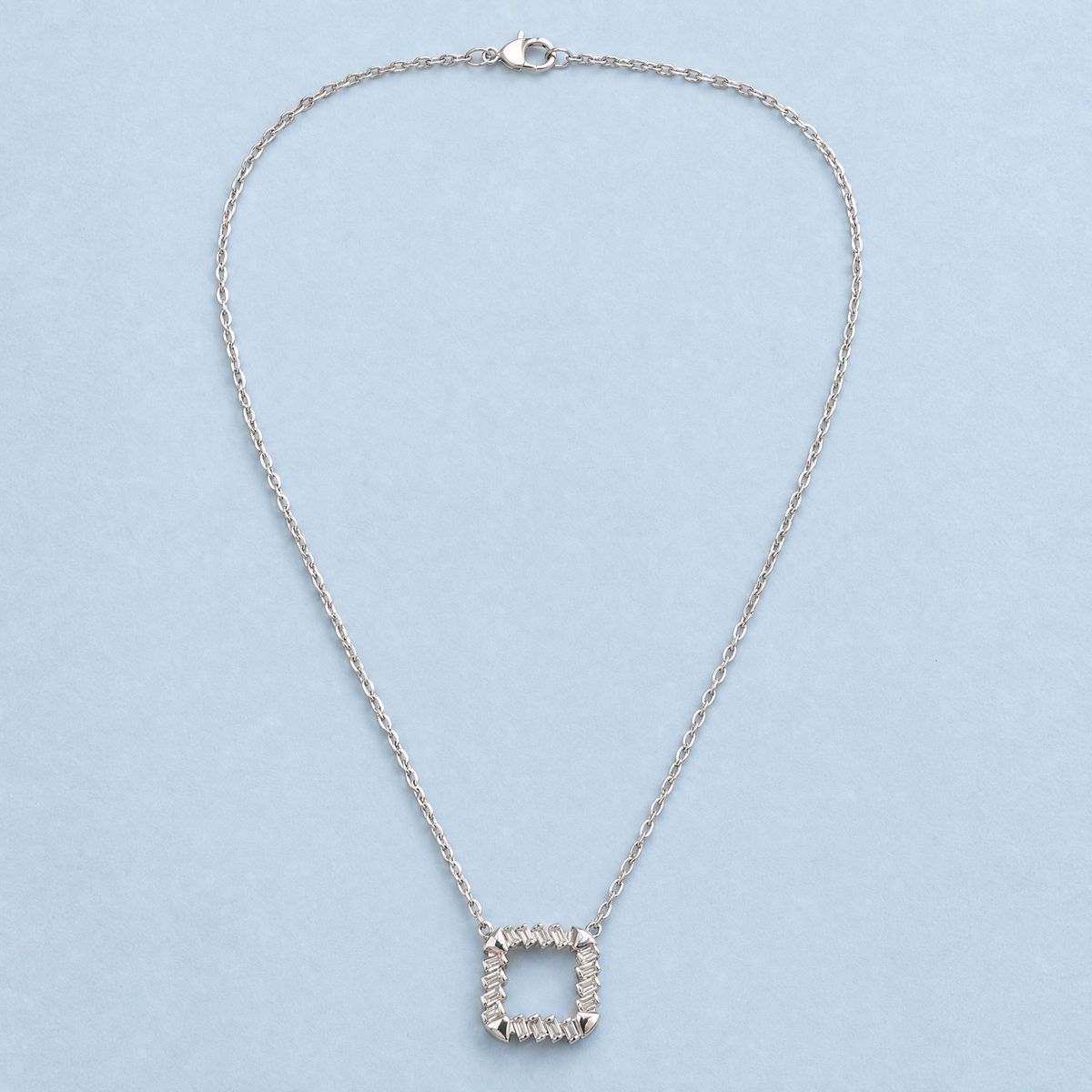 Baguette Square Frame Necklace in 925 sterling silver, full necklace laid flat