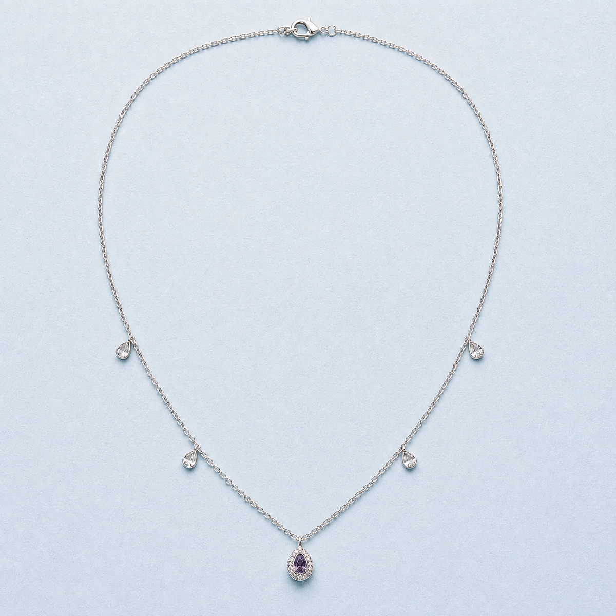 Purple Pear Halo Station Necklace in 925 sterling silver, full necklace laid flat