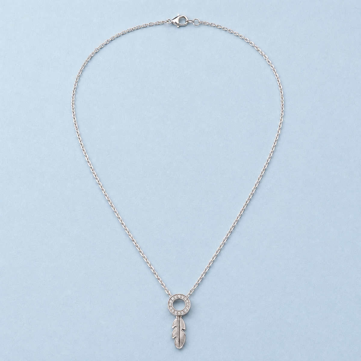 Feather Circle Pendant Necklace in 925 sterling silver, full necklace laid flat